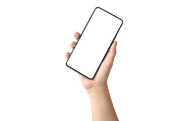 Hand holding a blank screen smartphone isolated on white background with the clipping path.