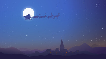 Naklejka na ściany i meble Night landscape of Santa Claus passing over a village in a starry sky