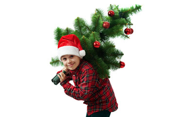 Isolated portrait of a child on white. A boy in a red shirt carries a Christmas tree on his shoulder.