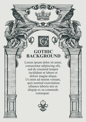 Gothic background or frame for a diploma or certificate in the form of a classical building facade. Vector illustration with hand-drawn ancient arch decorated with statues of griffins and black ravens