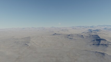 science fiction illustration, alien planet landscape with strange rock formations, fictional space scene, rocky hills and mountains