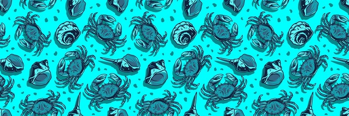 Colored seamless pattern wallpaper with seashell mollusk and crab. Underwater animals, wild ocean life for marine design