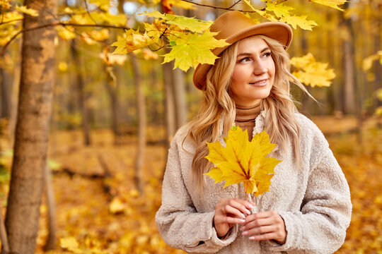 lady enjoy being in autumn forest, nature. beautiful caucasian blonde woman in hat spend time alone, walk at sunny autumn day, yellow trees and leaves around her