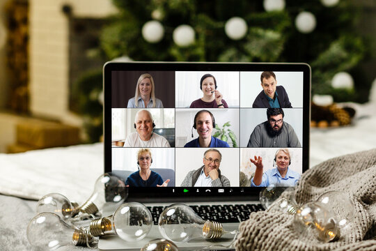 Christmas Day Virtual Meeting Team Teleworking. Family Video Call Remote Conference. Laptop Webcam Screen View. Diverse Portrait Headshots Meet Working From Their Home Offices. Happy Hour Party Online