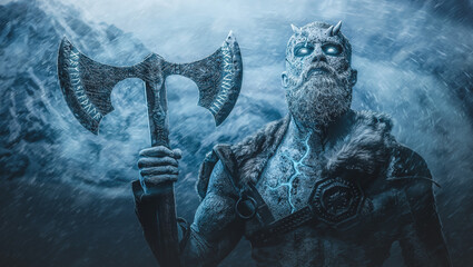 Mountain lord of the dead with glowing eye and pale skin holding double axe in atmospheric snowy...