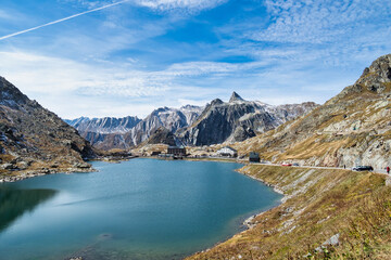 Naklejka na ściany i meble The lake and pass of the Great St. Bernard Pass in Canton of Valais, Switzerland