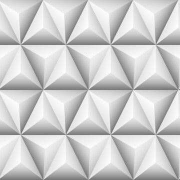 Modern Triangles and Pyramids white geometric background. Seamless white 3d pattern. Geometric hexagons, diamonds and triangles texture.