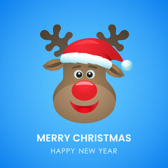 Fototapeta na wymiar ute deer in santa claus hat with a smile. greeting christmas card or invitation.