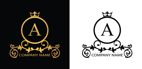 Golden and black Letter A template logo Luxury gold letter with crown. Monogram alphabet . Beautiful royal initials letter.	