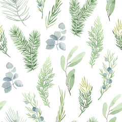 Christmas seamless pattern with green winter branches. Watercolor floral illustration on white background in vintage style. 
