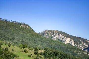 Naklejka premium The mountain is covered with pine forest. Picturesque mountain landscape of Durmitor National Park, Montenegro, Europe, Balkans, Dinaric Alps, UNESCO World Heritage Site