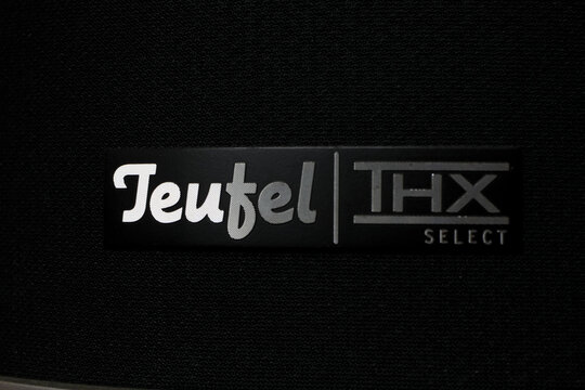 Viersen, Germany - May 9. 2020: Close up of isolated logo lettering of german audio equipment manufacturer Teufel on thx loudspeaker