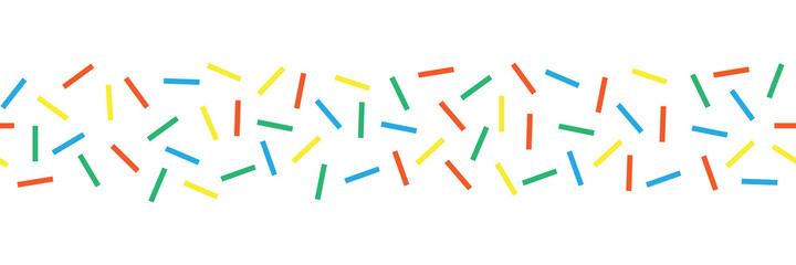 Seamless border with colorful decorative sprinkles. Repeating horizontal banner background rectangle shapes. Vector donut glaze pastry elements. Use as footer, divider, ribbon, trim, party decor.