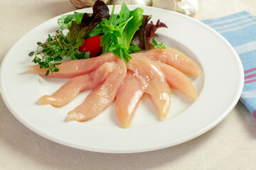 aiguillettes de poulet crus dans une assiette