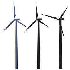 Set silhouette of wind power turbine. Green energy. Windfarm vector illustration