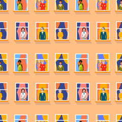 Different people in windows staying home, bright flat seamless pattern