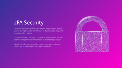 2FA two factor authentication with padlock on modern pink background. Protecting your money. Unlocking via smartphone. Vector illustration for website or banner.