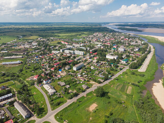 Fototapeta na wymiar Panoramic view of the village of Kholmogory. Russia, Arkhangelsk region, Kholmogorsky district