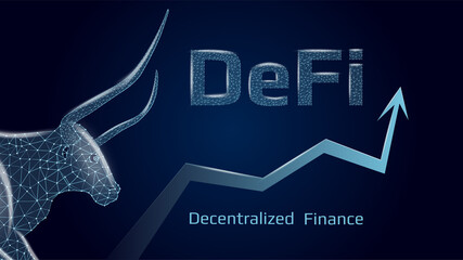 Defi decentralized finance bullish trend with a polygonal bull head and an upward arrow on dark blue background. Vector illustration.