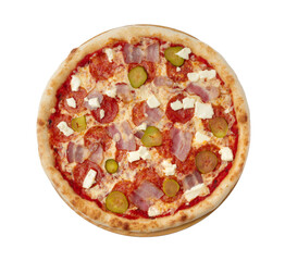 Pizza with ham and marinated cucumbers isolated on white
