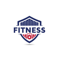 American fitness vector logo design, dumbbell icon with star, symbol vector illustration design template