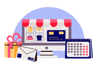 Pile Christmas Gift Boxes Standing on Desk. Laptop Screen Showing Online Shop with Different Products and Holiday Presents. Online Christmas Shopping Concept. Flat Cartoon Vector Illustration.