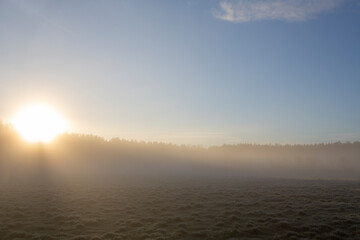 Beautiful morning on a foggy field during sunrise. Countryside wallpaper on cold autumn day.