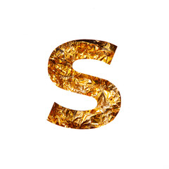 Gold letter S of English alphabet of shiny crumpled foil and paper cut isolated on white. Festive...