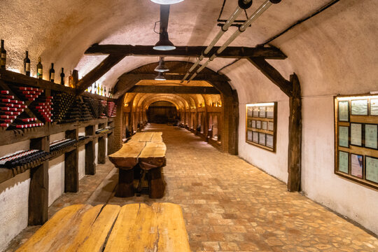 Kakheti, Georgia - October 2019: Underground wine cellar tunnel of Khareba Winery. The tunnel was opened in 1962 for the World Wine Congress and is popular for tourists
