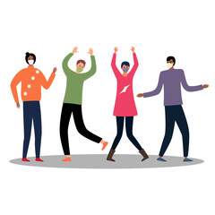 Obraz premium Party of dancing masked men and women in hipster modern style. Flat vector illustration. People are having fun during a pandemic. Winter clothing style for men and women. Youth holiday. 