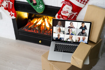Christmas day Virtual meeting team teleworking. Family video call remote conference. Laptop webcam screen view. Diverse portrait headshots meet working from their home offices. Happy hour party online