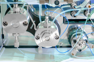 Binary pump in HPLC system. High performance liquid chromatography at analytical chemistry laboratory. 