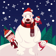 merry christmas helper polar bear penguin and rabbit in the snowy landscape