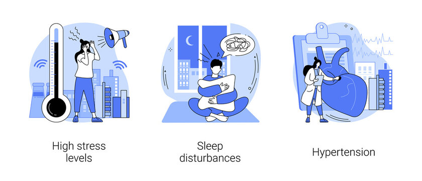 Stressful life abstract concept vector illustration set. High stress levels, sleep disturbances, hypertension, digital overload, mental health, high blood pressure, insomnia abstract metaphor.