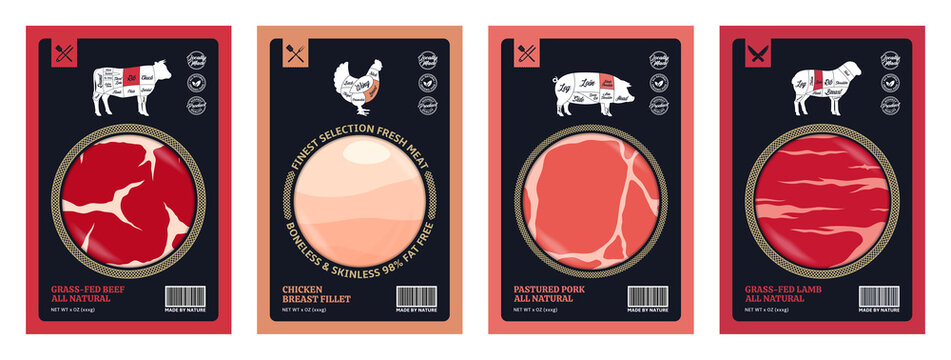 Vector butchery labels for groceries, meat stores, packaging and advertising. American (US) cuts of beef, chicken, pork and lamb diagrams