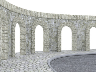 Boulevard along a stone wall with arches on a white background 3d rendering