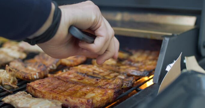 Spare ribs and chicken sticks spears with sweet corn grill on steaming bbq in flames. Friends have bbq party at backyard cookout, have fun with healthy and locally sources ingredients 
