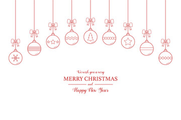 Xmas background with hanging balls and greetings. Christmas decorations. Vector