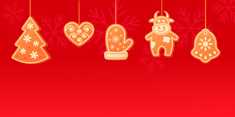 christmas background with gingerbread cookies and snowflakes herringbone, heart, bull, bell, mitten