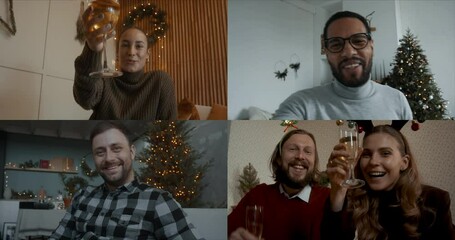 POV Friends having a video conference call, Christmas celebration during isolation. Decorated apartments in the background. Coronavirus, COVID-19 holidays lockdown - Powered by Adobe