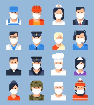 Face avatars in mask. New normal - people of different professions. Vector illustration.