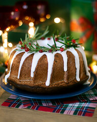 Christmas traditional pie close up. Festive food with winter holidays decoration on the table 
