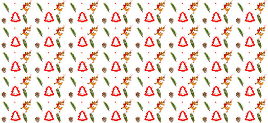 Pattern with christmas wooden figurines on white background. Creative copy space for design and wrapping paper.