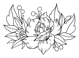 Illustration. Peony bouquet. Coloring book. Antistress for adults and children. Tattoo. The work is done in manual mode. Black and white.
