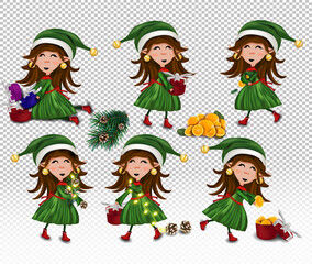 Set of Christmas elves with gift present. Christmas elements pine cone, present, orange, fir branches, magic garland. Vector icon .