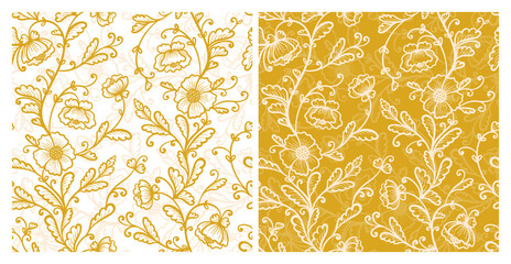 Set of two Golden Yellow Floral Patterns. Vintage Seamless Background with Stylized Poppy Flower. Outline Beautiful Flowers and Leaves. Vector illustration
