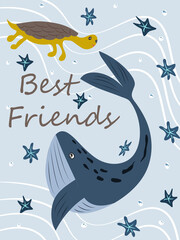 Poster with a cute turtle and a whale on a blue background - vector illustration, eps