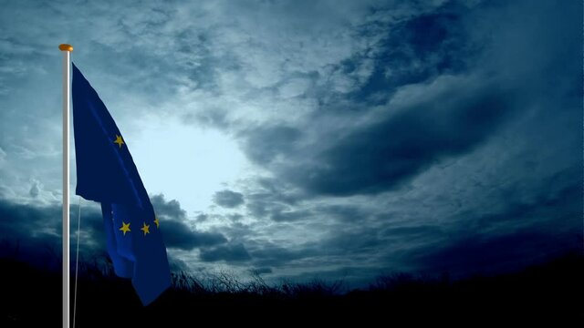 EU Flag against clouds Fly Away And Falling Down