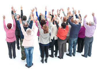 Fototapeta premium top view. group of diverse adults pointing at a white screen.