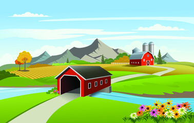 Vector illustration of scenic rural landscape with covered bridge and barn